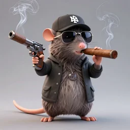 anthropomorphic gangster rat smoking a huge cigar, holding a pistol, wearing sunglasses and a cap, long fur,  anthropomorphic rat, detailed, 3d render, 4k, pixar