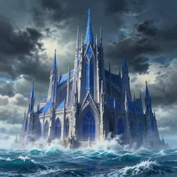 Imposing sapphire gothic palace ascending out of the tempestuous sea, beautiful architecture, dramatic lighting, epic composition, wide angle, close up, by Miyazaki, Nausicaa Ghibli, Breath of The Wild