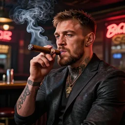 a intricately detailed portrait of conor mcgregor smoking a lit cigar in an irish pub with a neon bar, smoke rising like clouds, balanced, trending on art station, volumetric lighting & shadows, hyper detailed, digital art, unreal engine, 4 0 0 mm f 1. 8,