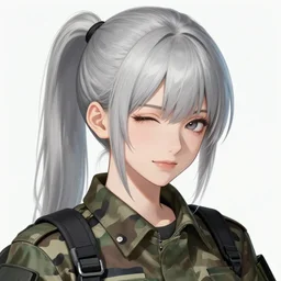 girl, silver hair (ponytail), winking, multicam (camo), trending on artstation, detailed, cinematic portrait, ilustration by Takehiko Inoue ((((and Yoann Lossel))))