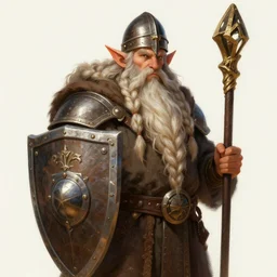 a detailed portrait of a holy dwarf cleric wearing helmet, ha has the world's longest braided beard, infinite beard length, giant beard, he is holding a giant shield, wearing a war - helmet, by justin gerard and greg rutkowski, digital art, realistic painting, dnd, character design, trending on artstation