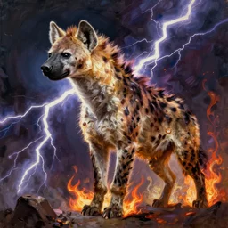 beautiful oil painting with high detail of a Hyena-Lightning bolt hybrid from dungeons and dragons and art direction by James Cameron ;by artgerm; wayne reynolds art station; cinematic quality character action render; ultra high quality model; production quality cinema model; flaming plasma aesthetic