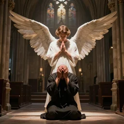 angel protecting man who is praying inside a gothic church, studio light style
