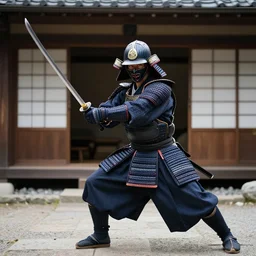 samurai with helmet and sword in fighting position, asian styled house in background