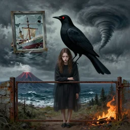 a tall emo girl, a red - eyed blackbird, a sinking ship, a broken window, a stormy sky, a tornado, a hurricane, a tsunami, a volcano, a forest fire, a rusty gate, zen, sensual, surrealist, by magritte and monet