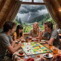 boardgame party inside, thunderstorm outside, summer, rainy, cozy cabin, blanket, tea, drinks, guy with dark hair, blonde girl laughing, by herbert james harper, volumetric lighting, global illumination, smooth, concept art, sharp, 4 k, highly detailed