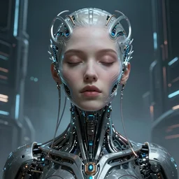 ultra realistic, beautiful cyborg woman eyes closed, metahuman, in a space metropolis, cyberpunk, sci-fi, fantasy, intricate details, elegant, highly detailed, digital painting, octane render, concept art, smooth, sharp focus, eerie, illustration, 8k, HD, art by artgerm and greg rutkowski and alphonse mucha