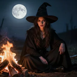 portrait of a young witch by herself in a black robe sitting on the ground next to a fire, full moon in the sky overhead, detailed face, highly detailed, by frank frazetta and boris vallejo