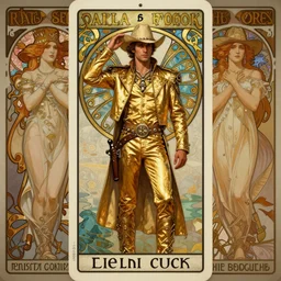 a dramatic ethereal epic symmetrical painting of a handsome cowboy in a gold outfit | tarot card, art deco, art nouveau,  (steampunk), homoerotic, realistic | by Dresden Codak, by Mark Maggiori and Alphonse Mucha | trending on artstation