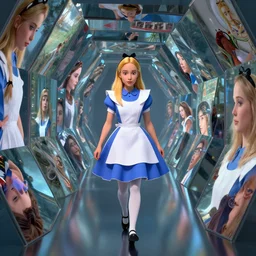 vfx surreal 3 d portrait of alice from wonderland walking into a non - euclidean and infinite tunnel of evanescent hallucinatory images in endless mirrors that temporarily cling to a virtual node of experience called the self in an illusion called spacetime, hyperdetailed, octane render, by alex grey, jeff soto and daniel merriam, dan mumford and pixar, nvidia raytracing demo