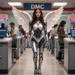 jj abrams movie still full body portrait of young woman jessica alba as an edc rave angel girl  cyborg in line at the dmv, octane render, anime, trending on artstation, unreal engine, volumetric lighting, concept art, sci-fi, photoreal, sweating, pouty face, looking at camera, symmetrical,