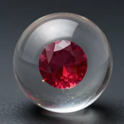 a clear glass sphere with a faceted cut ruby inside