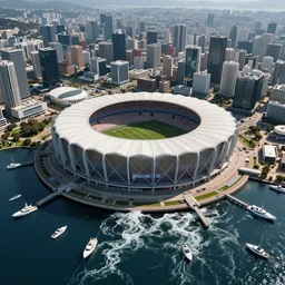 modern sprawling city with big soccer stadium, navy blue lake with many small boats and many yachts in harbor, turbulent reflective foamy water, artstation, photorealistic, hyperdetailed, beautiful, epic scene, dramatic lighting, aerial view,