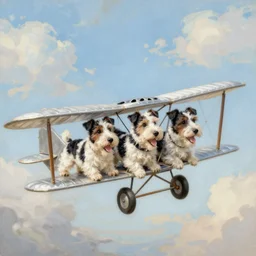 biplane flying, piloted by identical 3 dogs, toy fox terrier breed, black and white spots, panting, tin tin painting