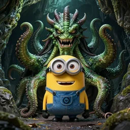 Minion as Lovecraft's monster, dagon, Big monster, a lot of tentacles, evil, angry face, dark colours, green colours, high resolution, 50 mm, extremely realistic, cave, real life