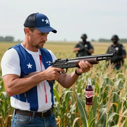 blood of the patriot holding a nailgun nourishing the corn field of liberty fbi agents in the background, soda valhalla