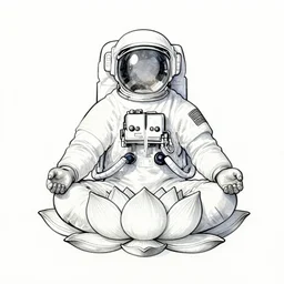 'meditating astronaut on lotus, photorealism, line-drawing, water color on paper'