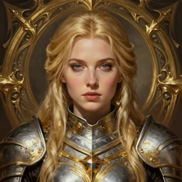 head-on centered symmetrical painted portrait, Elisha Cuthbert as a paladin, blonde hair, gold and silver armour, dramatic lighting, intricate, fantasy, intricate, elegant, highly detailed, digital painting, smooth, sharp focus, illustration, dramatic lighting, artstation, in the style of Artgerm and Anna Podedworna