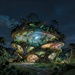 building by jeanne gang, futuristic at night magic realism studio ghibli reclaimed by nature extraterrestial uv light nightsky, archdaily, wallpaper, highly detailed, trending on artstation.