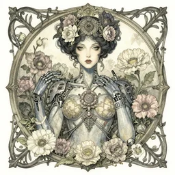 centered detailed front view portrait of a beautiful female android with ornate flowers growing around, inside a vine frame ornamentation, flowers, elegant, dark and gothic, full frame, art by kay nielsen and walter crane, illustration style, watercolor
