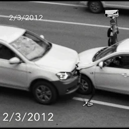 Security camera footage of a car crash. Labeled 2/3/2012. Black and white, grainy, staticky.