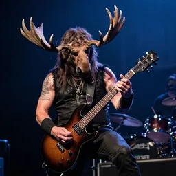 a Canadian moose playing the guitar during a metal show by Greg Hildebrandt