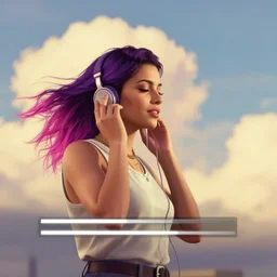 a stunning GTA V loading screen with a beautiful woman with ombre hairstyle in purple and pink blowing in the wind listening to music, beautiful sky with cumulus couds, golden ratio, digital art, trending on artstation