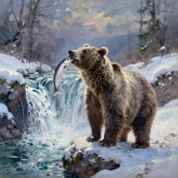 bear standing at the brink of a waterfall catching salmon in mouth, winter landscape, oil painting by Claude Monet
