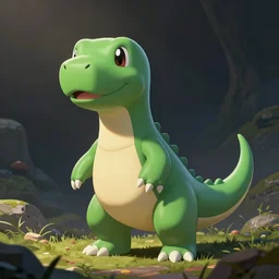 a green anthropomorphic dinosaur in the style of pokemon, adorable and whimsical, unreal engine, sharp focus, high contrast, illustration, art by justin gerard