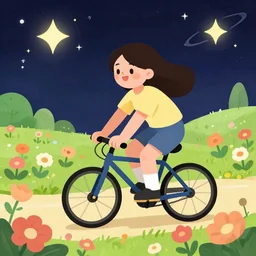 happy cartoon woman cycling through flower field in universe