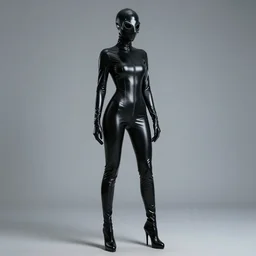 hooded flat slim thin petite female plague doctor, in extra tight shiny black latex suit, long sleeves, turtleneck, trending on artstation, latex plague crow mask, hoof heels, by wlop, establishing shot