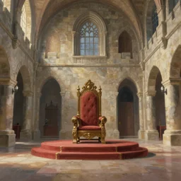 a grand throne room interior in a stone castle, painting by Craig Mullins, octane rendering, soft morning lighting, wide angle lens, low view, in the style of Hayao Miyazaki, trending on artstation,
