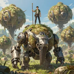 an intricate concept art, fantasy, man holding a pole on top, large mechanical haystack biomes, megafauna, low - angle, close up shot, ultra photorealistic, ultra sharp, artstation, cgsociety, masterpiece, anime colors, by ivan talavera, by wlop, octane render, 8 k
