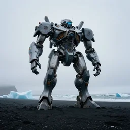low angle cinematic shot of giant futuristic mech in the middle of an endless black sand beach in iceland with icebergs in the distance,, 2 8 mm