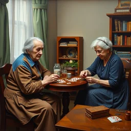 2 old ladies in a blue and brown shirt and a woman playing cards in a commieblock apartment, still life painting, high detail, oil painting