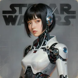 portrait of a young female japanese cyberpunk android with robot and cyborg parts, artwork by adolph menzel, star wars production design