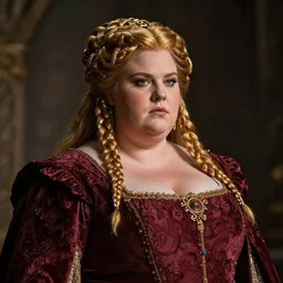 Portrait | chubby female dwarven noblewoman | elaborated brocade burgundy dress | complex adorned golden braided hair | style by greg rutkowski, wayne reynolds, giotto dramatic light | high detail | cinematic lighting | artstation | Regal and Proud robust woman| bold serious expression | dungeons and dragons |