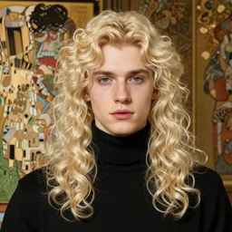clean cel shaded art of a pale androgynous blond young man Lucius, long fluffy curly blond hair, light platinum long blond hair, wearing a black turtleneck sweater, Alexandre Cabanel, norman rockwell, peter paul rubens, maler collier, frank frazetta, alphonse mucha, gustav klimt 4k, unreal 5, DAZ, french noveau, trending on artstation, octane render, hyperrealistic