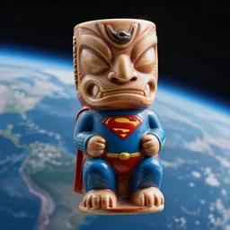 a closeup photorealistic photograph of a trader vic's tiki mug in the style of superman floating by earth in space. bright scene. fine detail. this 4 k hd image is trending on artstation, featured on behance, well - rendered, extra crisp, features intricate detail, epic composition and the style of unreal engine.