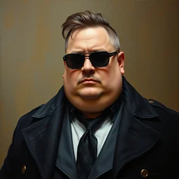 portrait of an overweight handsome man in a black outfit, katana trenchcoat sunglasses, a flemish baroque by alexander mcqueen, art by john collier by greg rutkowski and craig mullins, oil on canvas
