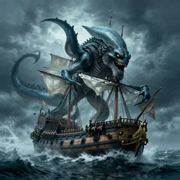A kraken-sea-monster attacking a 17th century Ship-of-the-line from the stormy ocean depths, atmospheric, dramatic, concept art by Peter Mohrbacher