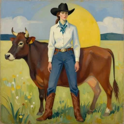 a painting of a cowgirl in western clothing and cowboy boots, in the style of alvar aalto, digital art, bauhaus style