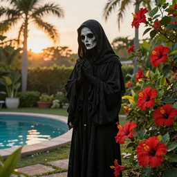 the grim reaper woman, in a garden, vibrant red hibiscus, tropical pool, golden hour, artstation, by J. C. Leyendecker and Peter Paul Rubens, - 12p
