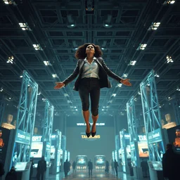 a businesswoman floating in the air at a tech convention, beksinski, dariusz zawadzki, very coherent symmetrical artwork. cinematic, hyper realism, high detail, octane render, 8 k