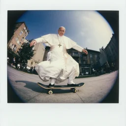 fisheye lens Photography of a pope riding a skateboard, 1991, Polaroid