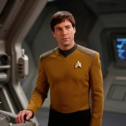 young, handsome starfleet ensign taking station in the engine room, star trek, ds9, film still