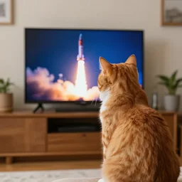 1 9 8 0's color photo, living room, ginger cat watching rocket lift - off on television screen