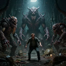 a man horrified in a dark dingy basement filled with monsters of unknown power, volumetric lighting, 8 k octane beautifully detailed render, post - processing, extremely hyper - detailed, intricate, epic composition, cinematic lighting, masterpiece, trending on artstation, detailed detailed detailed, masterpiece, beautiful cinematic light,