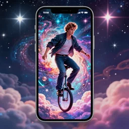 austin powers riding a unicycle, clouds, nebulae, starburst, neon colors, dreamy, phone wallpaper, 4 k, unreal engine, artstation, colorful, beautiful