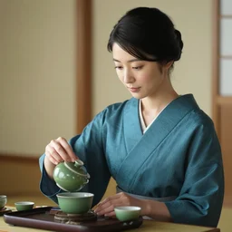 beautiful japanese woman serving tea, nadescio rin, drab blue greens, dark greens, highly detailed, award winning